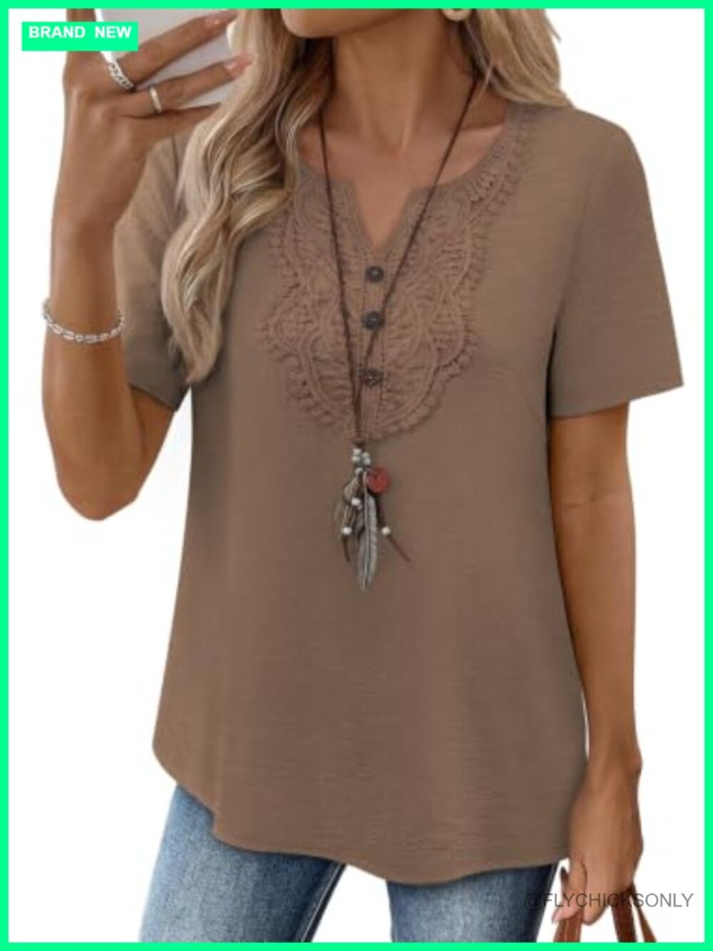 Womens Short Sleeve Boho Tunic Top Lace V Neck Button Shirt